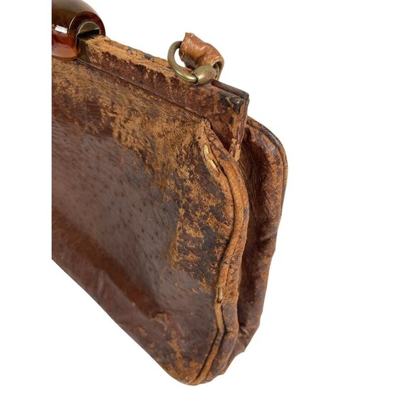 Vintage Beverly Bag Full Quill Ostrich Frame Purse Brown Ireland Distressed - Picture 3 of 12